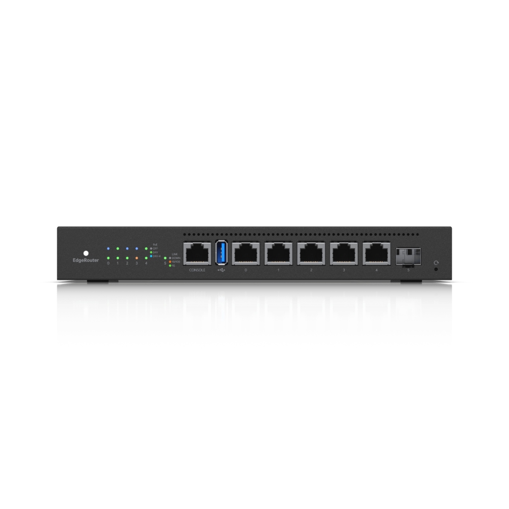 UBNT EdgeRouter 6 PoE (ER-6P) - 5 Port Gigabit RJ45, SFP Port ve 24V Pasif PoE Destekli Fansız Router urun fotografi